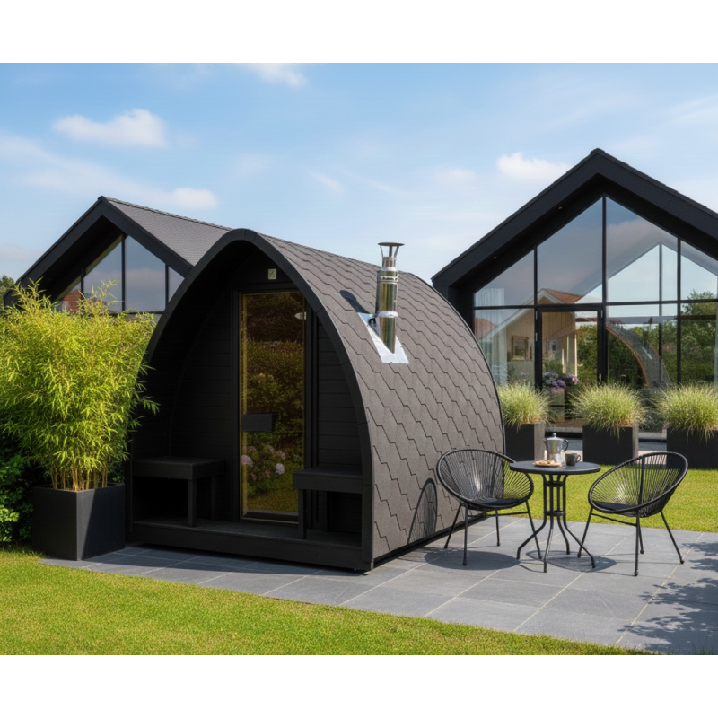 HYG-GE “Iglu +” sauna med frontpanorama, terrasse og LED-belysning