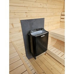 Harvia Top Steel 9 kW el-ovn monteret på bagvæg med 20 kg saunasten